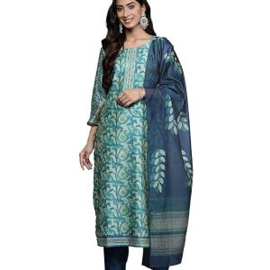 GoSriKi Women's Silk Blend Straight Embroidered Kurta with Pant & Dupatta